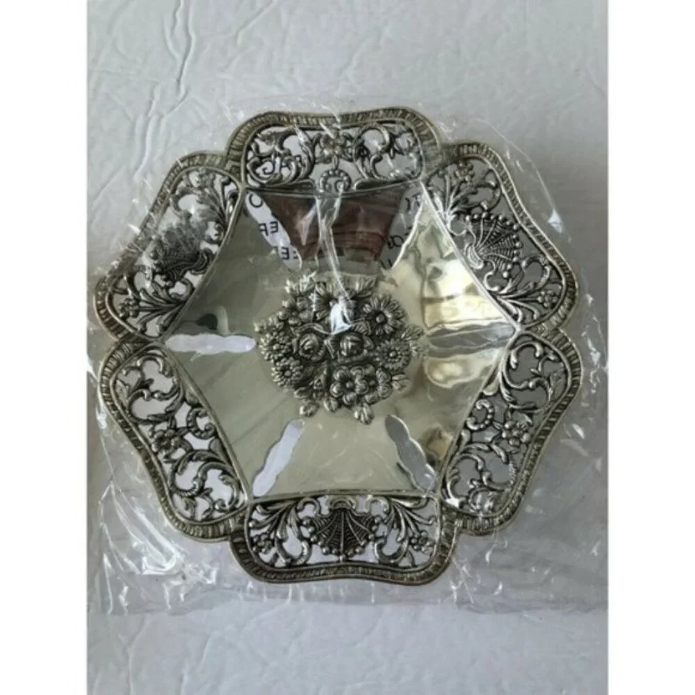 Silver plated Footed Bowl Dish Lace Embossed on Edge, Middle and Foot New